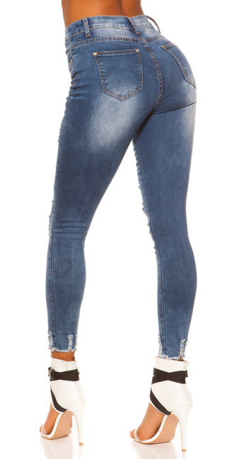 hoge taille skinny jeans gebruikte look met print jeansblauw